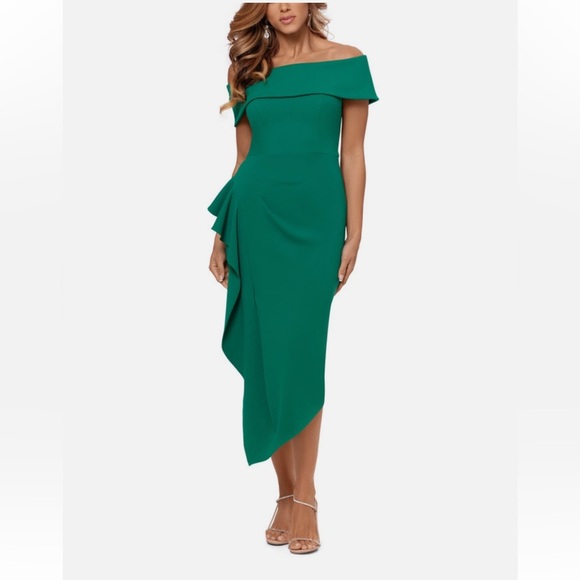 NEW BETSY & ADAM Women Green Asymmetrical Hem Slit Off The Shoulder Sheath Dress - Picture 3 of 9